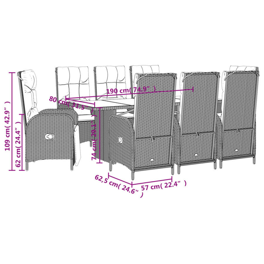 9-delige Tuinset met kussens poly rattan grijs