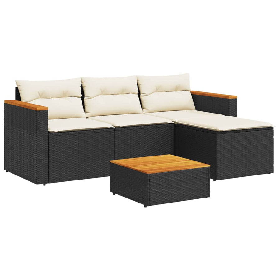 5-Delige Loungeset Met Kussens Poly Rattan Acacia Zwart