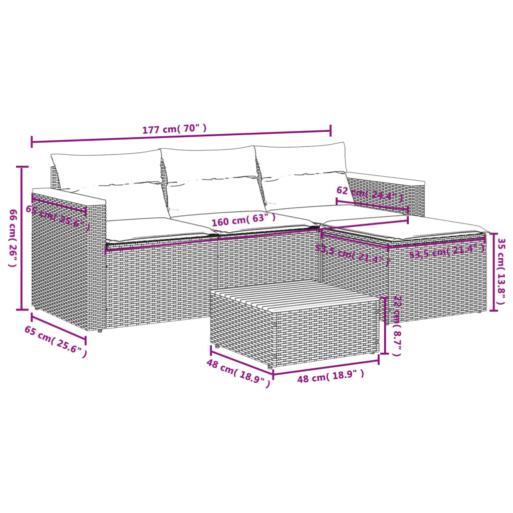 5-Delige Loungeset Met Kussens Poly Rattan Acacia Zwart