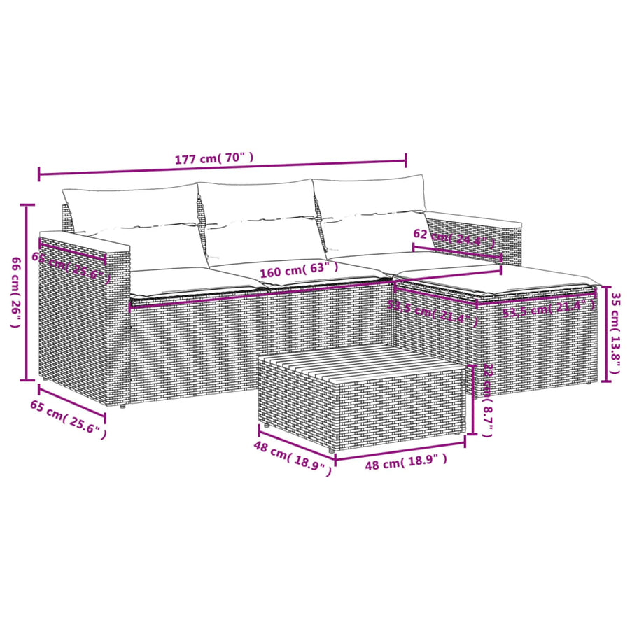 5-Delige Loungeset Met Kussens Poly Rattan Acacia Zwart