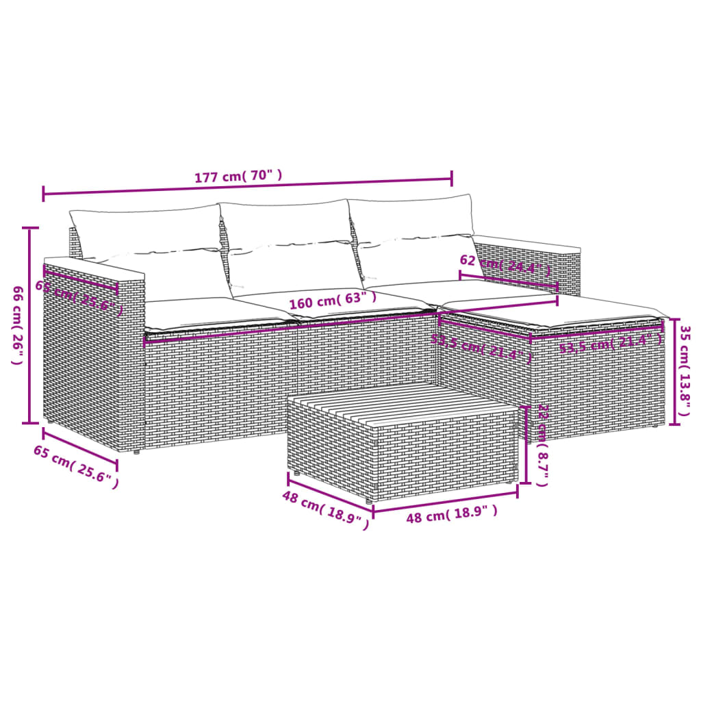 5-Delige Loungeset Met Kussens Poly Rattan Acacia Grijs