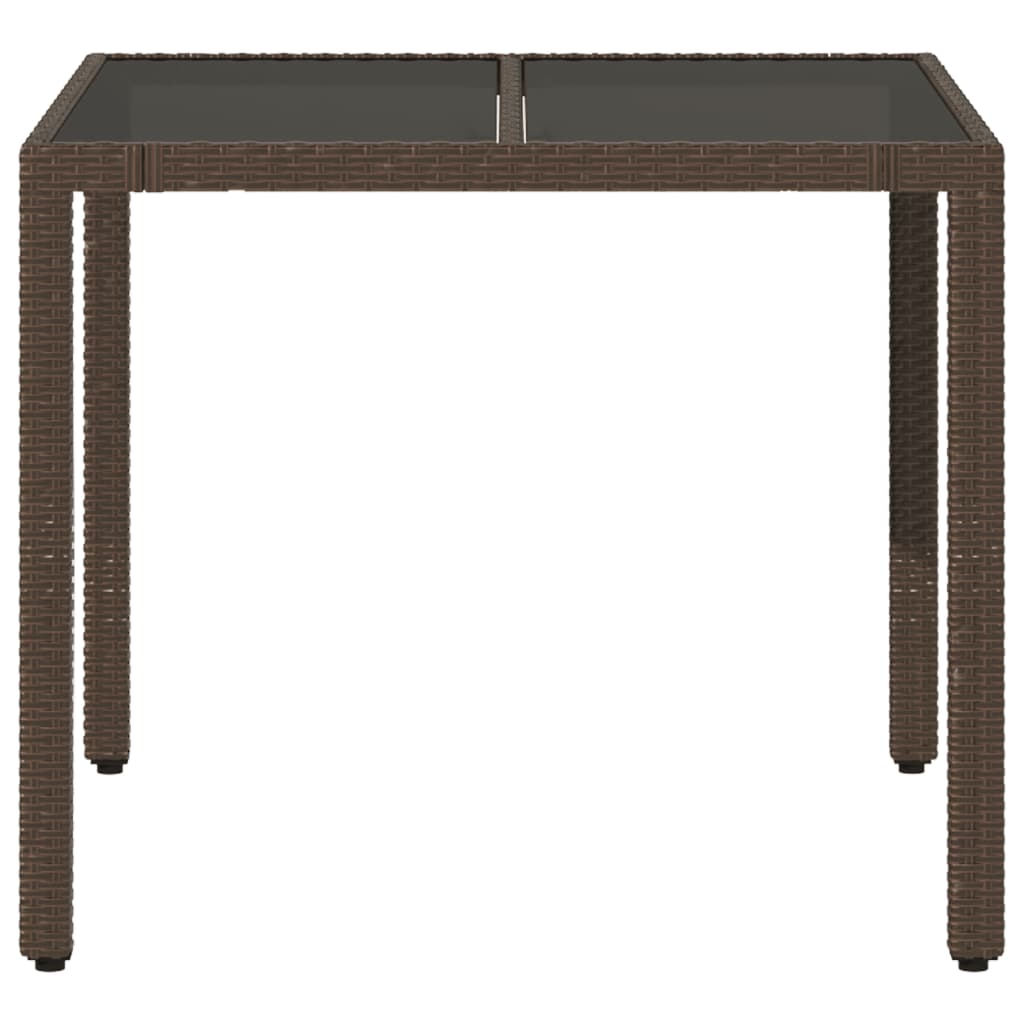Tuintafel met glazen blad 90x90x75 cm poly rattan bruin