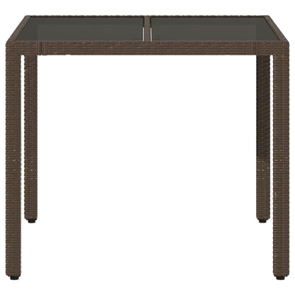Tuintafel met glazen blad 90x90x75 cm poly rattan bruin