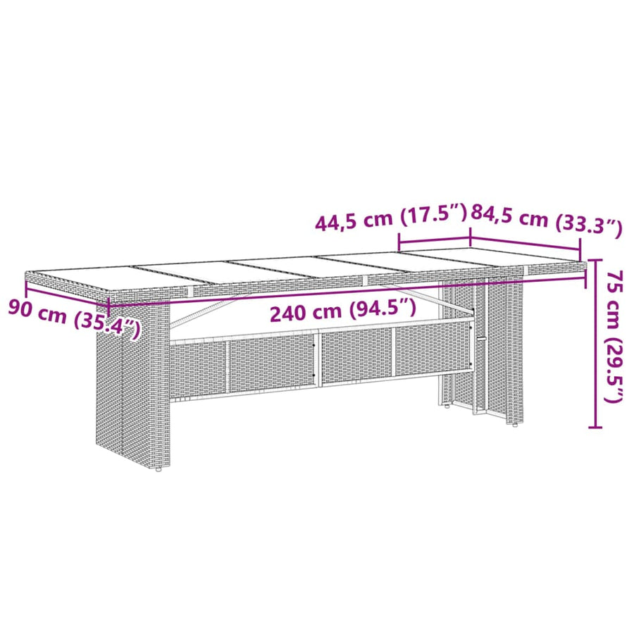 Tuintafel met glazen blad 240x90x75 cm poly rattan bruin