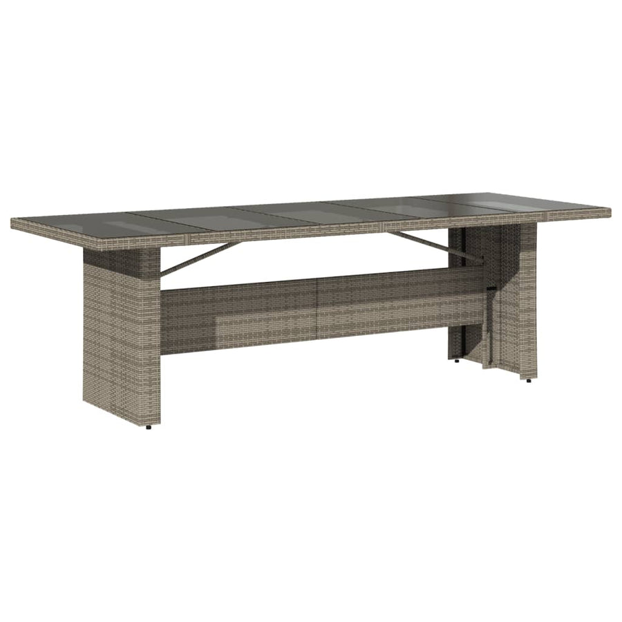 Tuintafel met glazen blad 240x90x75 cm poly rattan grijs