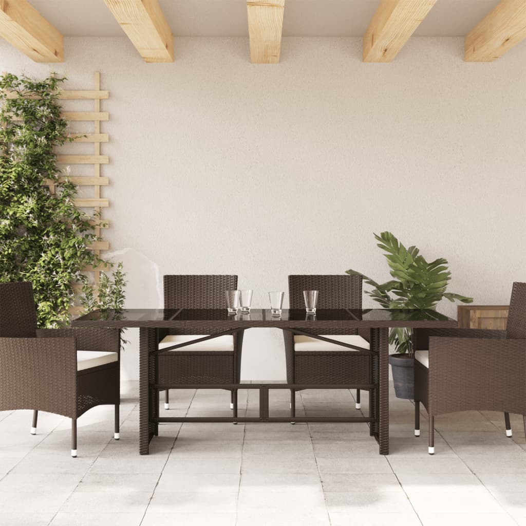Tuintafel met glazen blad 190x80x75 cm poly rattan bruin