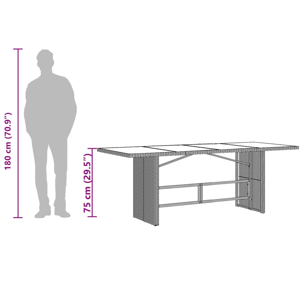 Tuintafel met glazen blad 190x80x75 cm poly rattan bruin
