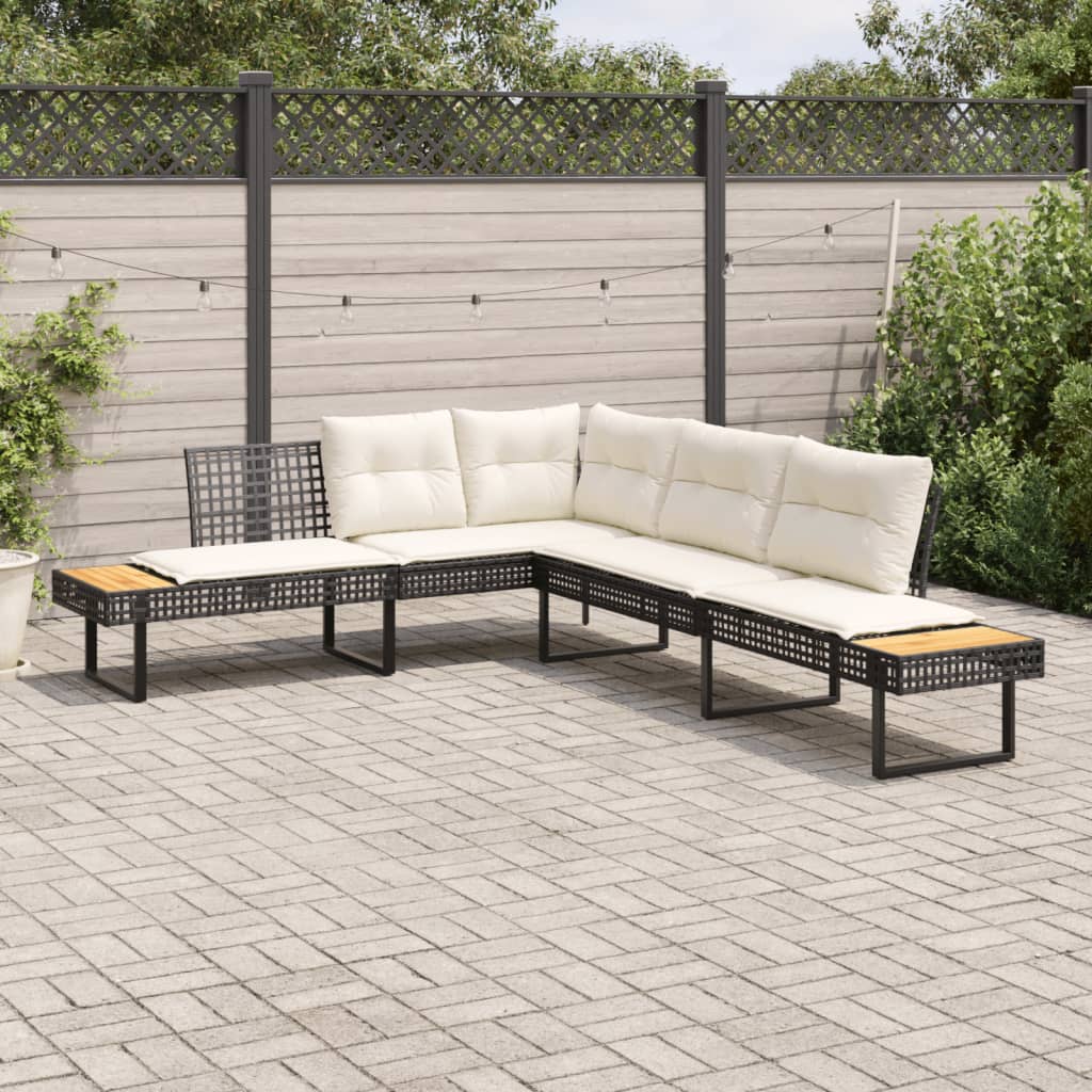 Tuinbank met kussens L-vormig poly rattan en acaciahout zwart