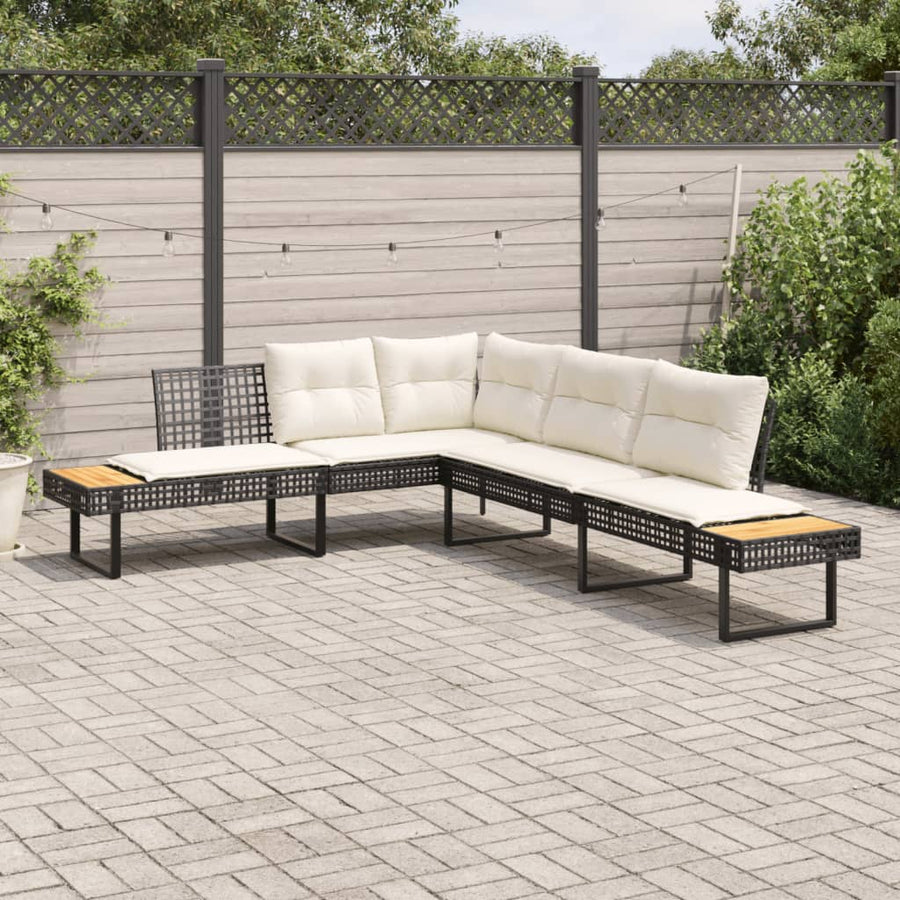 Tuinbank met kussens L-vormig poly rattan en acaciahout zwart