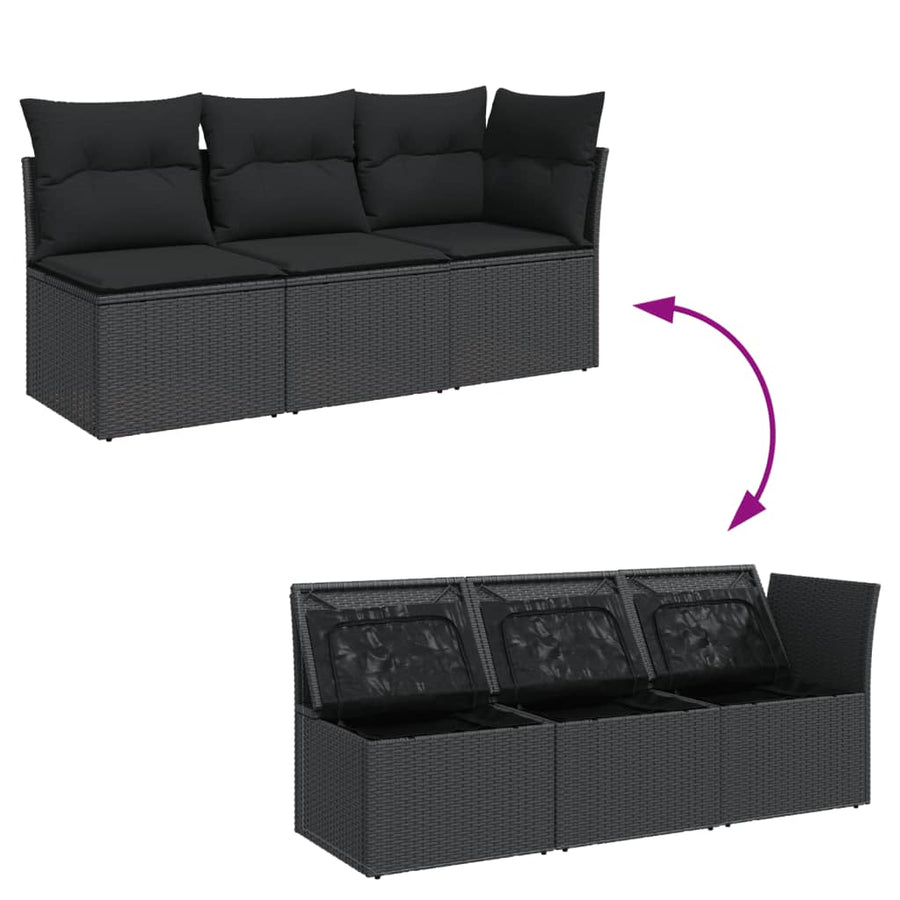 Tuinbank 3-Zits Met Kussens Poly Rattan Zwart