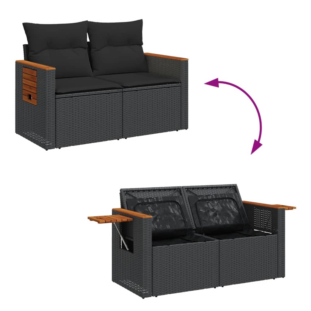 Tuinbank 2-Zits Met Kussens Poly Rattan Zwart
