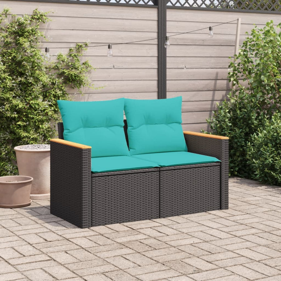 Tuinbank met kussens 2-zits poly rattan zwart