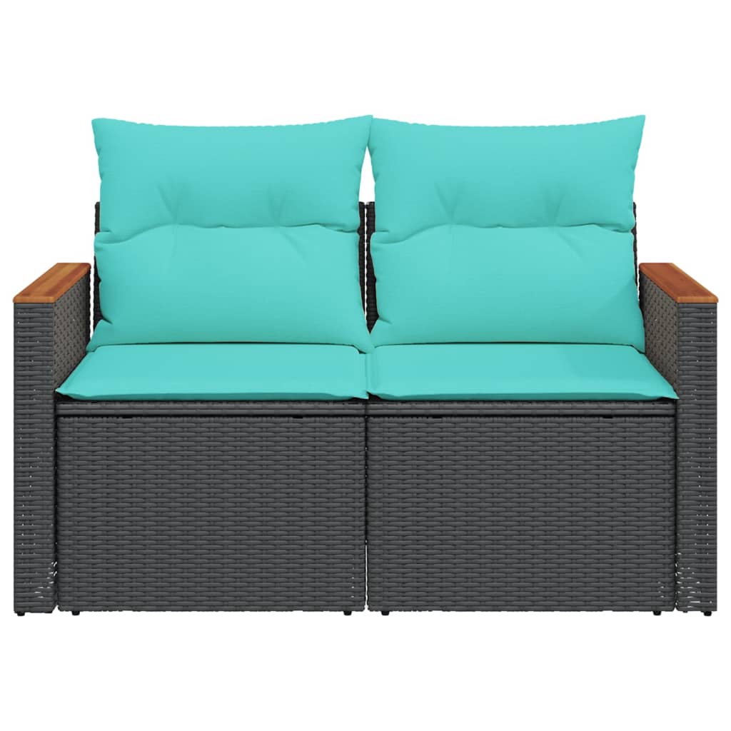 Tuinbank met kussens 2-zits poly rattan zwart