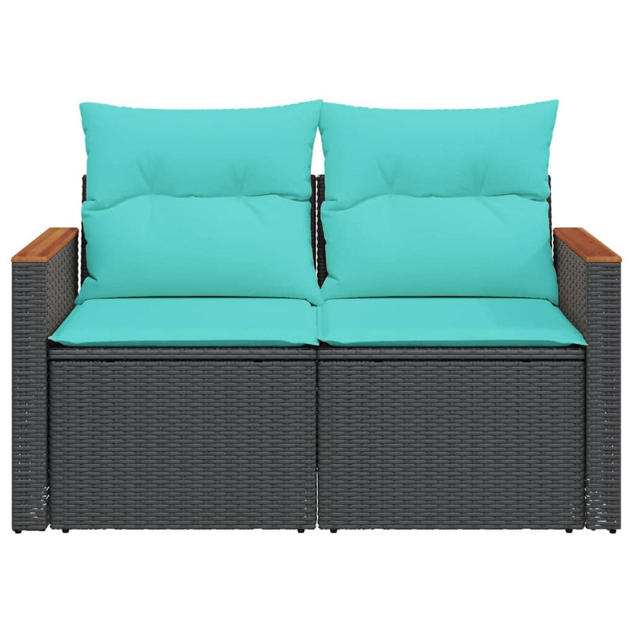 Tuinbank met kussens 2-zits poly rattan zwart