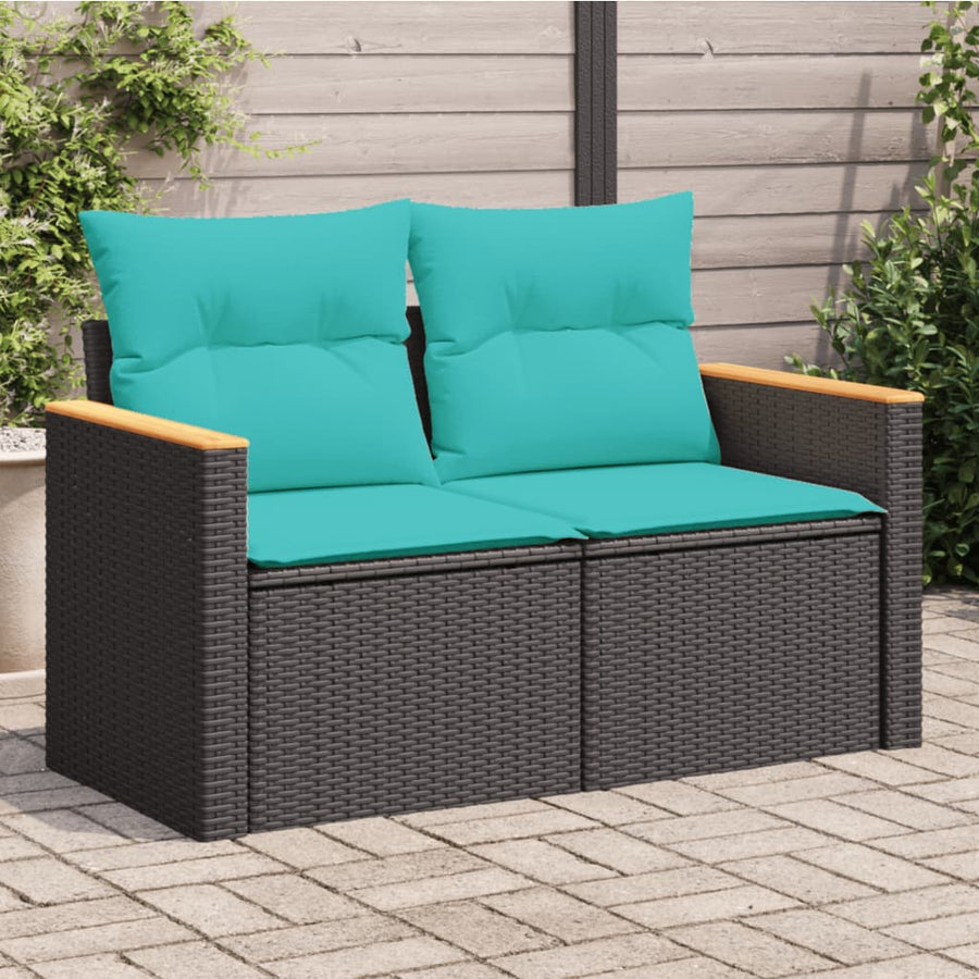 Tuinbank met kussens 2-zits poly rattan zwart