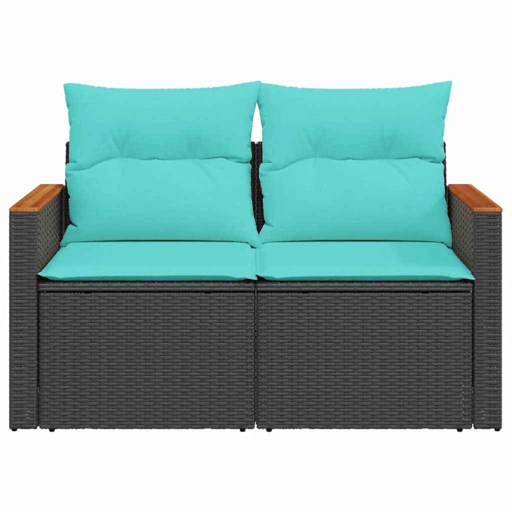 Tuinbank met kussens 2-zits poly rattan zwart