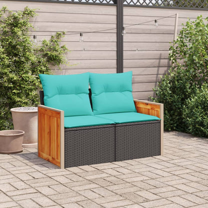 Tuinbank met kussens 2-zits poly rattan zwart