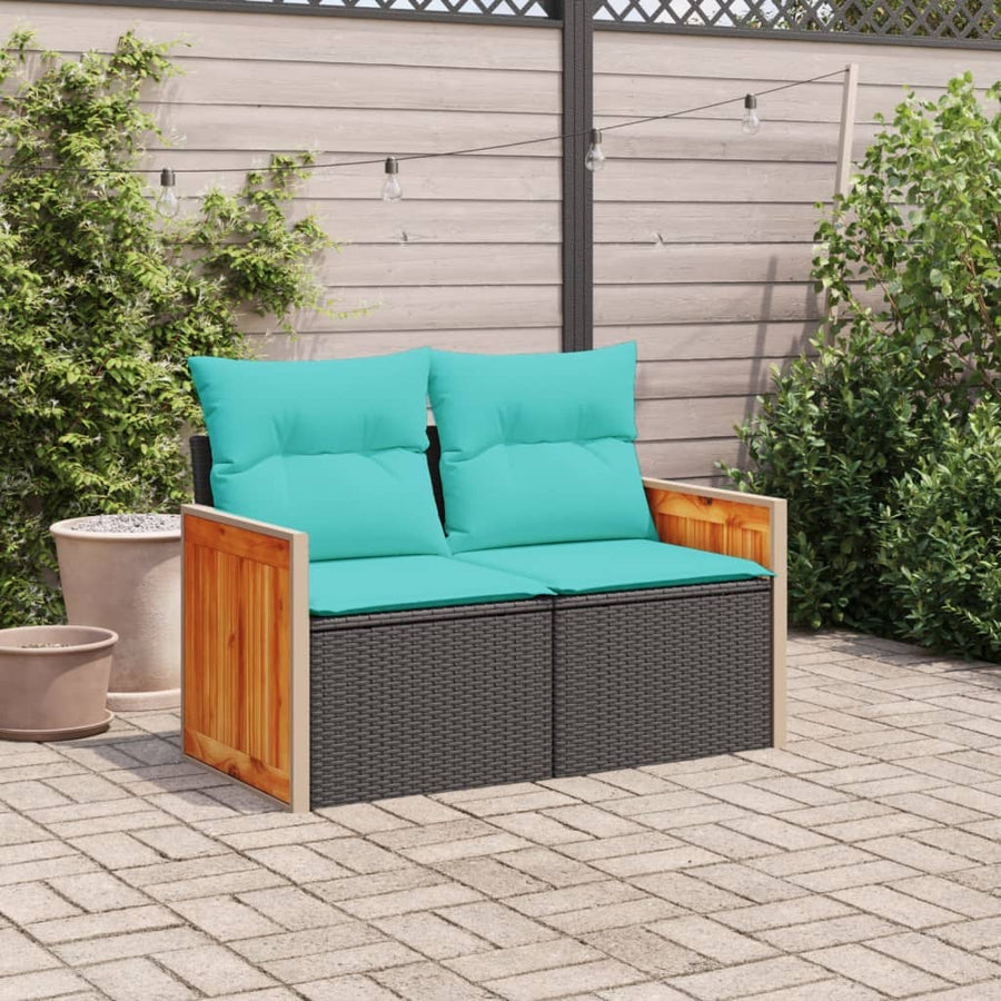 Tuinbank met kussens 2-zits poly rattan zwart
