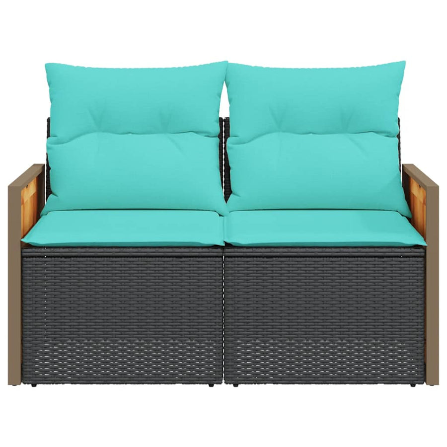 Tuinbank met kussens 2-zits poly rattan zwart
