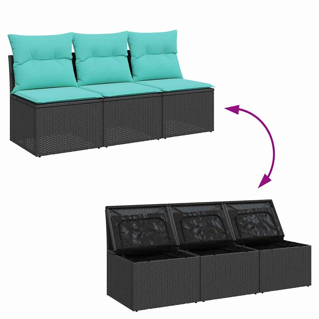 Tuinbank 3-zits met kussens poly rattan zwart