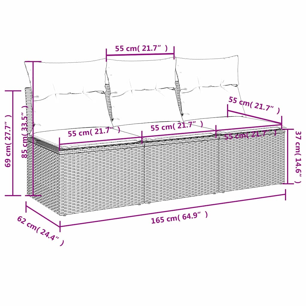 Tuinbank 3-zits met kussens poly rattan zwart