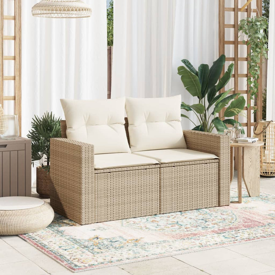 Tuinbank 2-Zits Met Kussens Poly Rattan Beige
