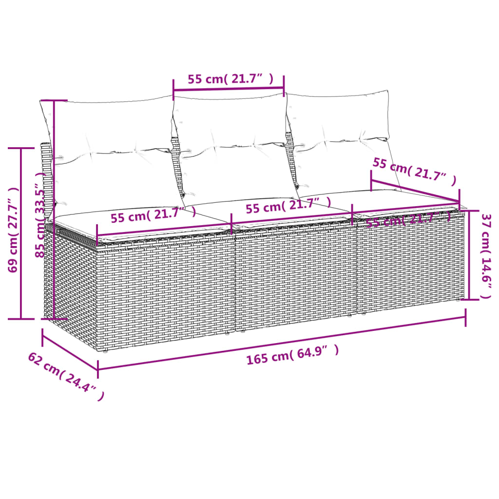 Tuinbank 3-Zits Met Kussens Poly Rattan 1 Grijs