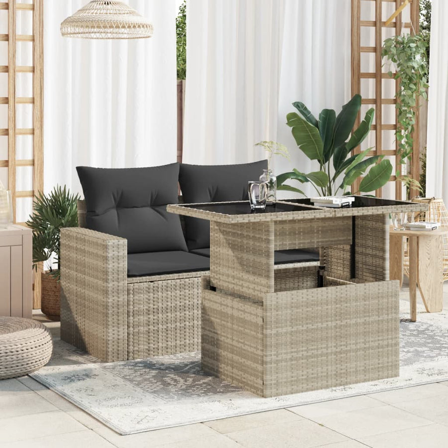 Tuintafel met glazen blad 100x55x73 cm poly rattan lichtgrijs