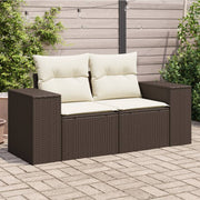 2-seater garden bench with cushions poly rattan brown