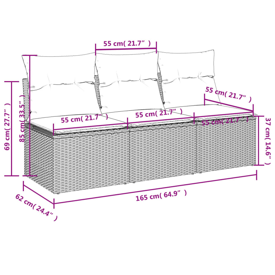 Tuinbank 3-Zits Met Kussens Poly Rattan Bruin