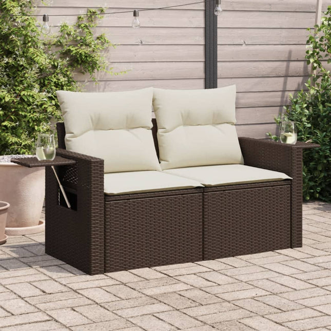 Tuinbank 2-zits met kussens poly rattan bruin