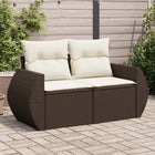 2-seater garden bench with cushions poly rattan brown