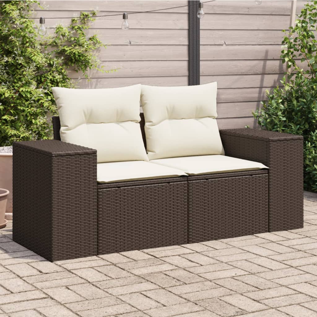 Tuinbank 2-zits met kussens poly rattan bruin