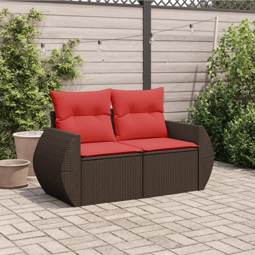 Tuinbank 2-zits met kussens poly rattan bruin