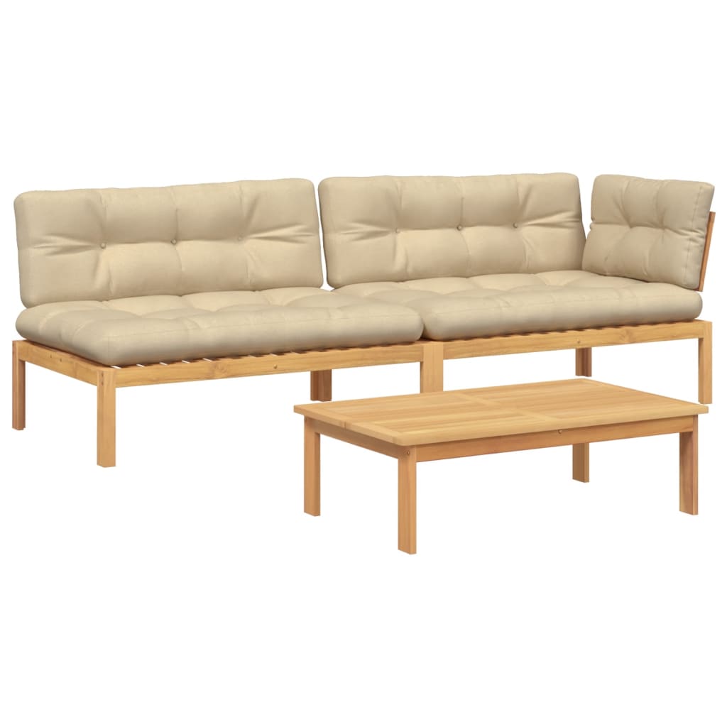 3-delige Loungeset pallet met kussens massief acaciahout