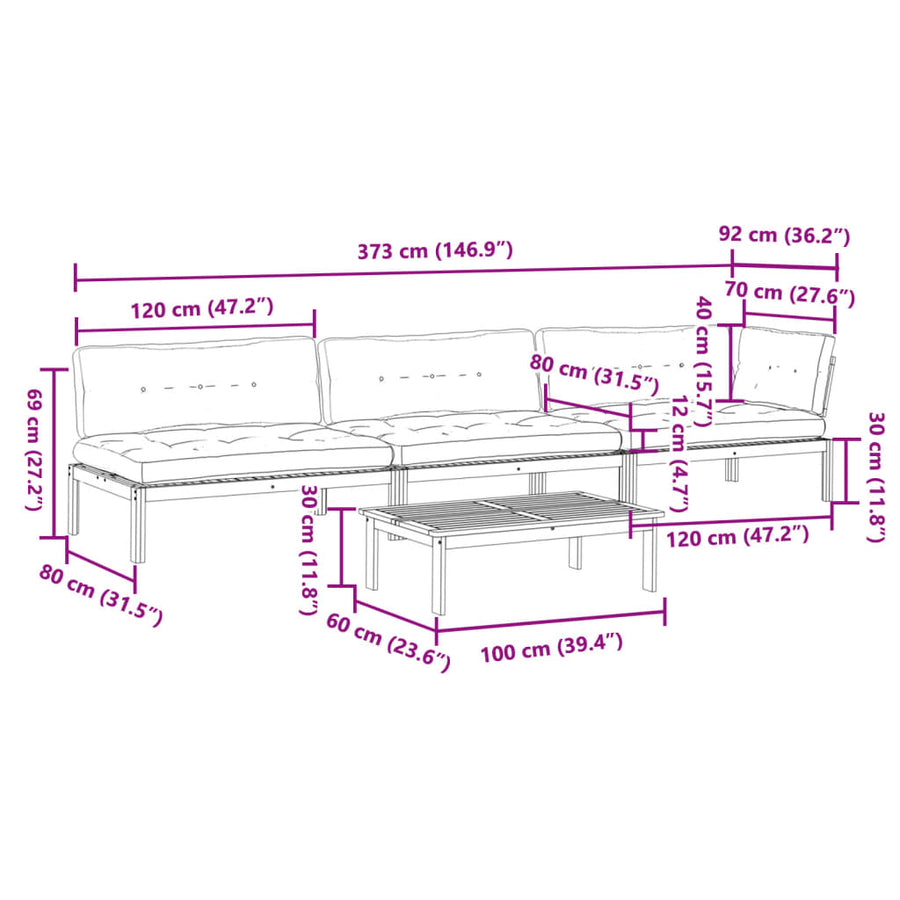 4-delige Loungeset pallet met kussens massief acaciahout