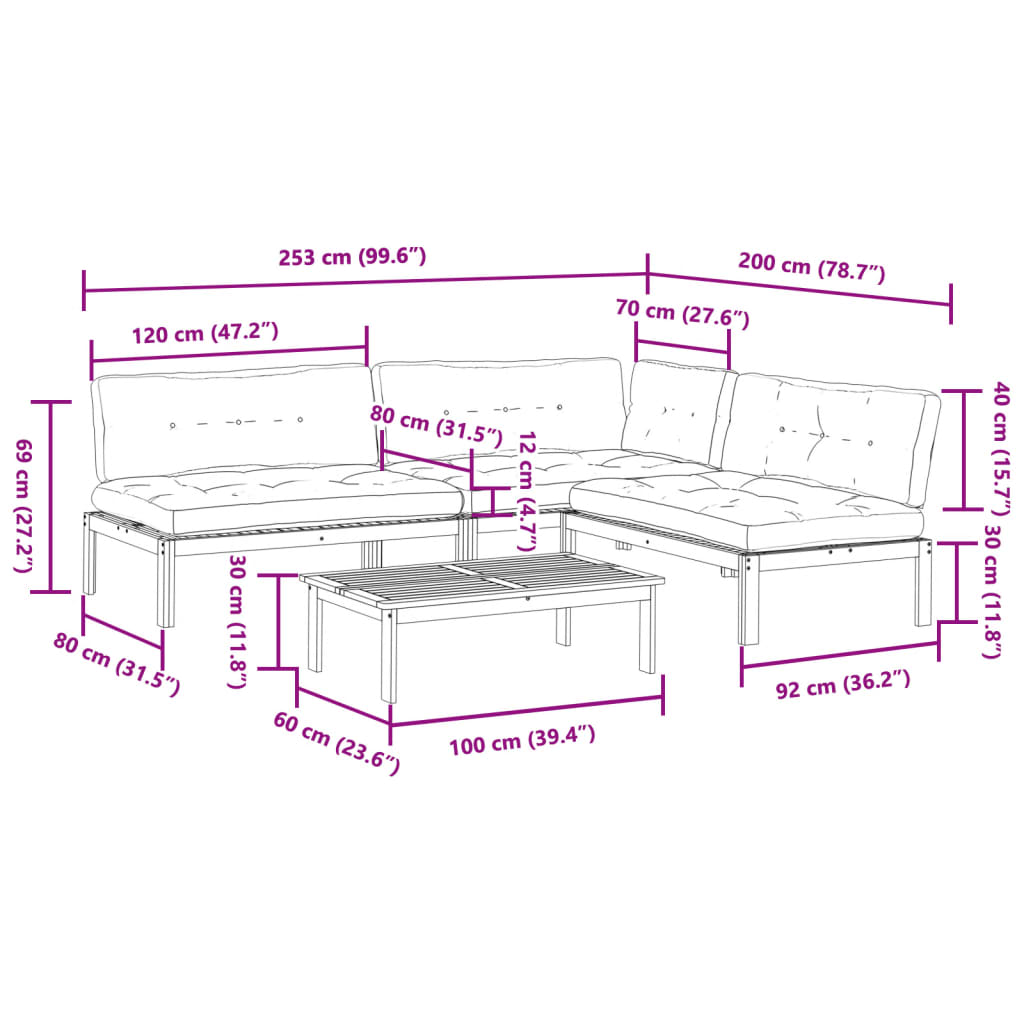4-delige Loungeset pallet met kussens massief acaciahout