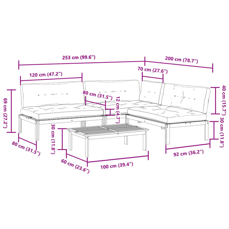 4-delige Loungeset pallet met kussens massief acaciahout