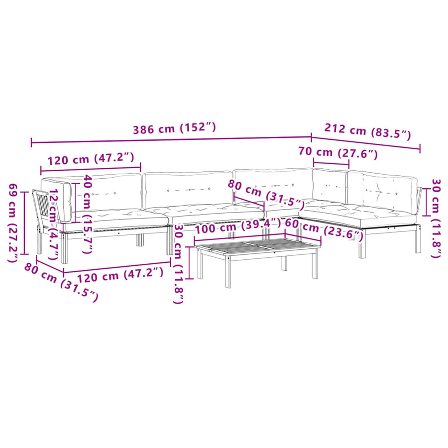 5-delige Loungeset pallet met kussens massief acaciahout