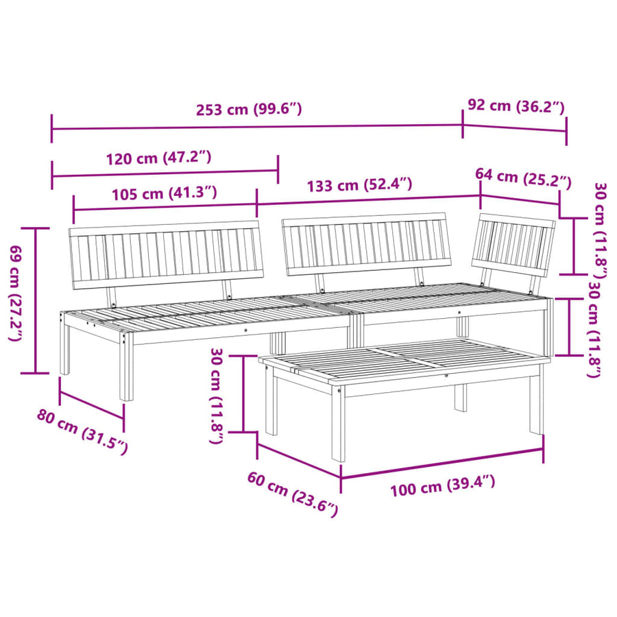 3-Delige Loungeset Pallet Massief Acaciahout Donkerbruin
