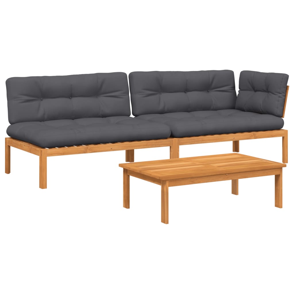 3-Delige Loungeset Pallet Met Kussens Massief Acaciahout Donkerbruin