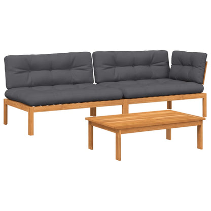 3-Delige Loungeset Pallet Met Kussens Massief Acaciahout Donkerbruin