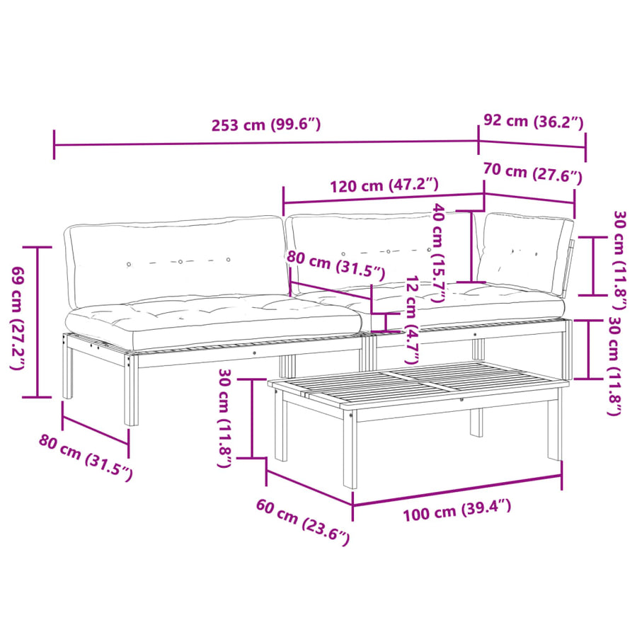 3-Delige Loungeset Pallet Met Kussens Massief Acaciahout Donkerbruin