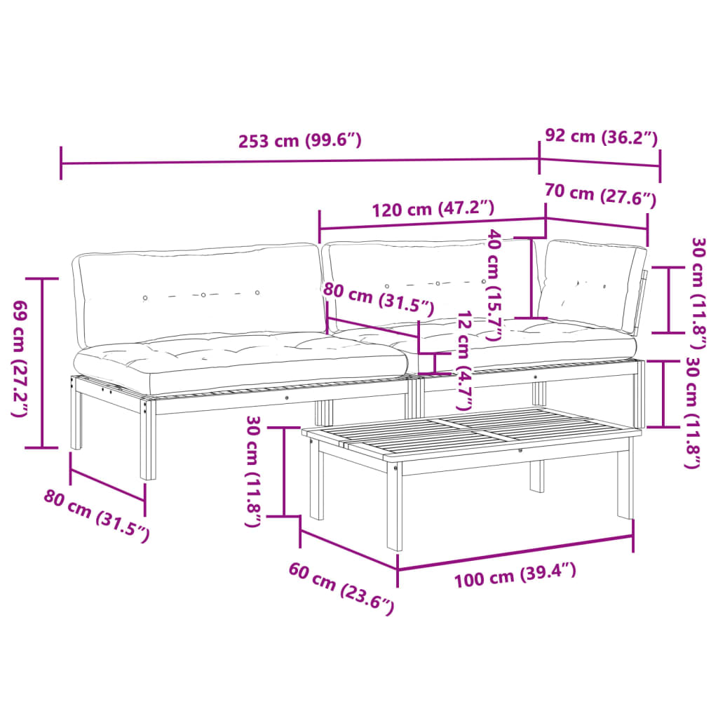 3-Delige Loungeset Pallet Met Kussens Massief Acaciahout Donkerbruin