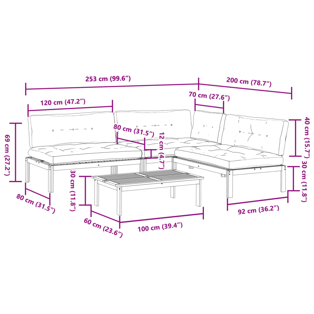 4-delige Loungeset pallet met kussens massief acaciahout