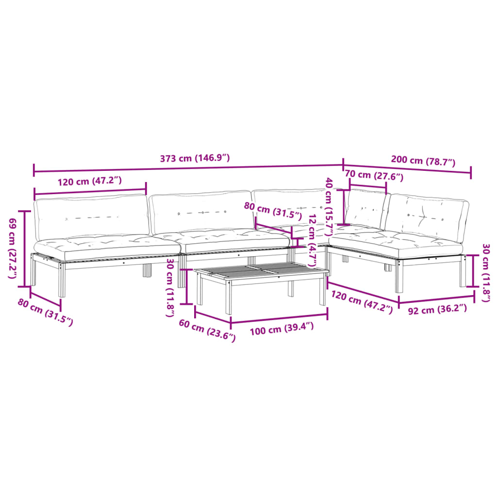 5-delige Loungeset pallet met kussens massief acaciahout