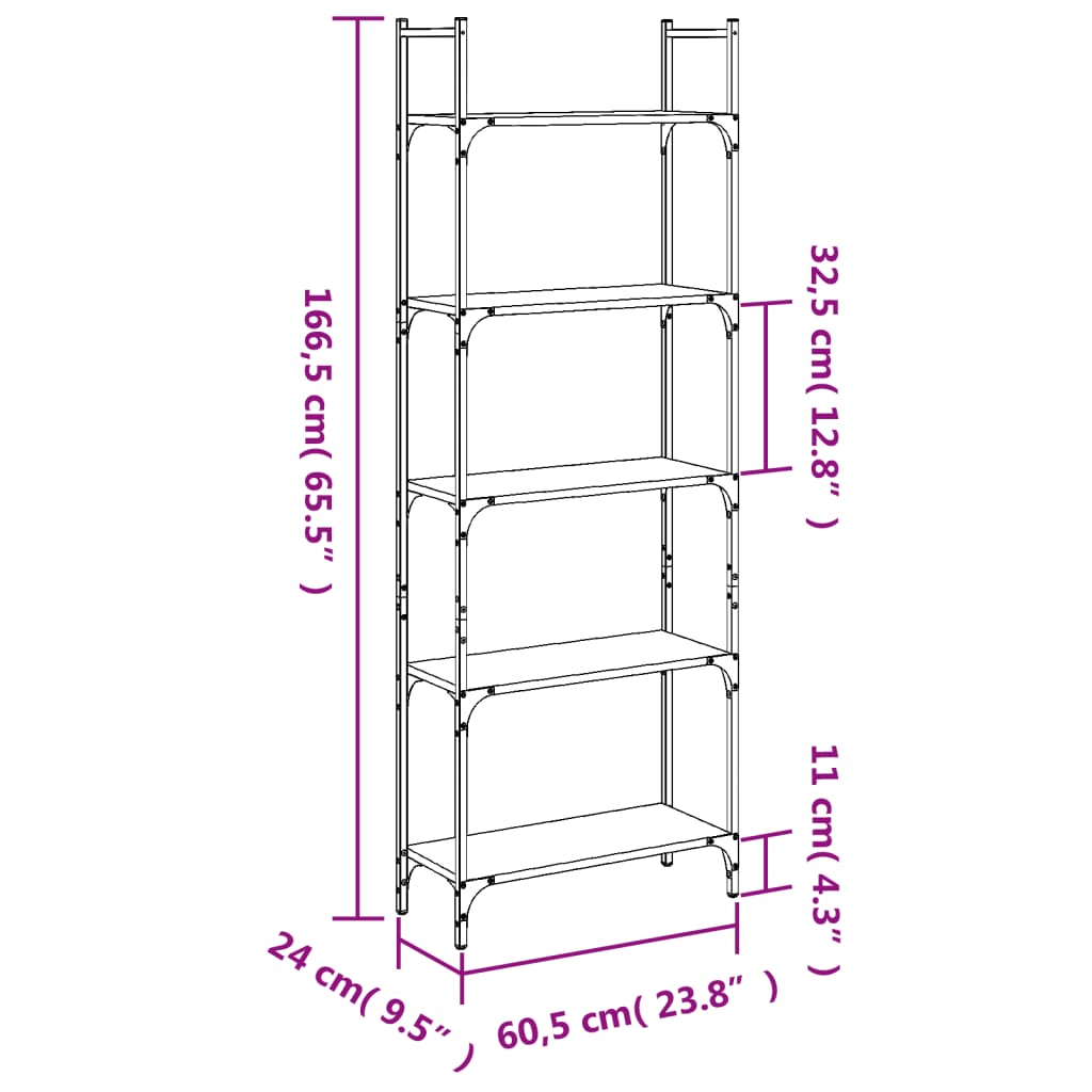 Boekenkast 5-Laags 60,5X24X66,5 Cm Bewerkt Hout 60.5 x 24 x 166.5 cm Zwart