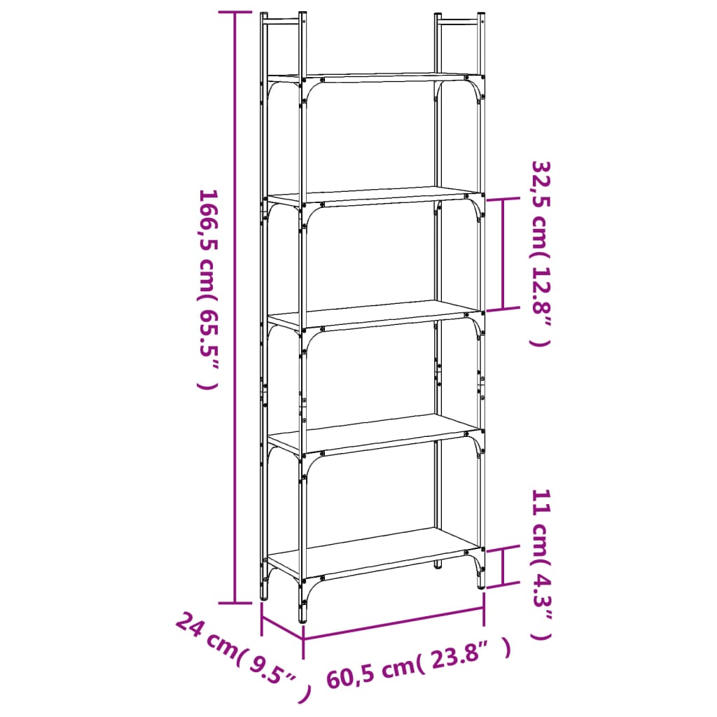 Boekenkast 5-Laags 60,5X24X66,5 Cm Bewerkt Hout 60.5 x 24 x 166.5 cm Gerookt eiken