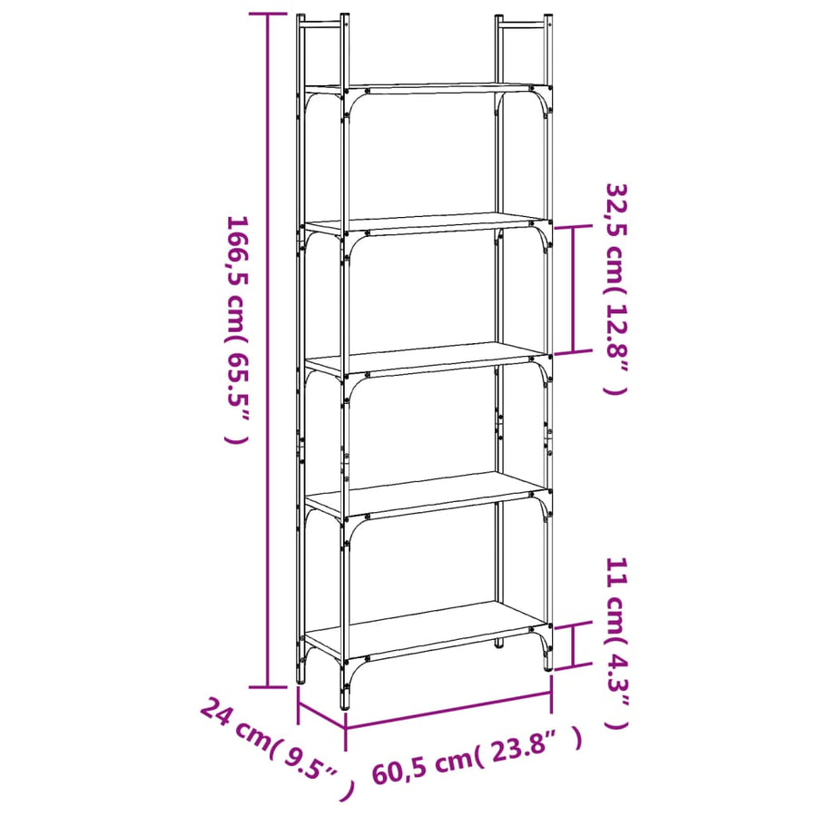 Boekenkast 5-Laags 60,5X24X66,5 Cm Bewerkt Hout 60.5 x 24 x 166.5 cm Gerookt eiken