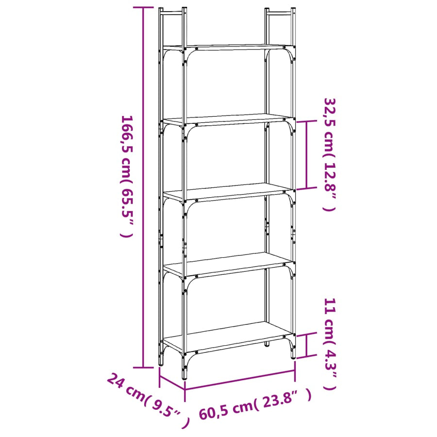 Boekenkast 5-Laags 60,5X24X66,5 Cm Bewerkt Hout Bruineiken 60.5 x 24 x 166.5 cm bruin eikenkleur